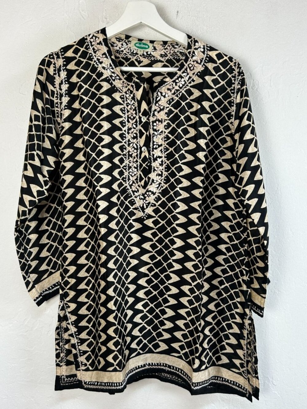 Dolma Women Tunic Blouse Black Beige Geometric Embroidered Silk Blend Boho Small